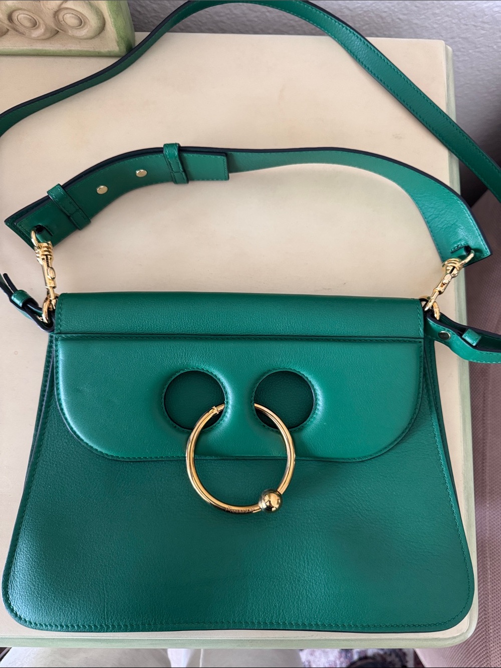 JW ANDERSON Green Leather Shoulder Bag with Gold Ring Detail
